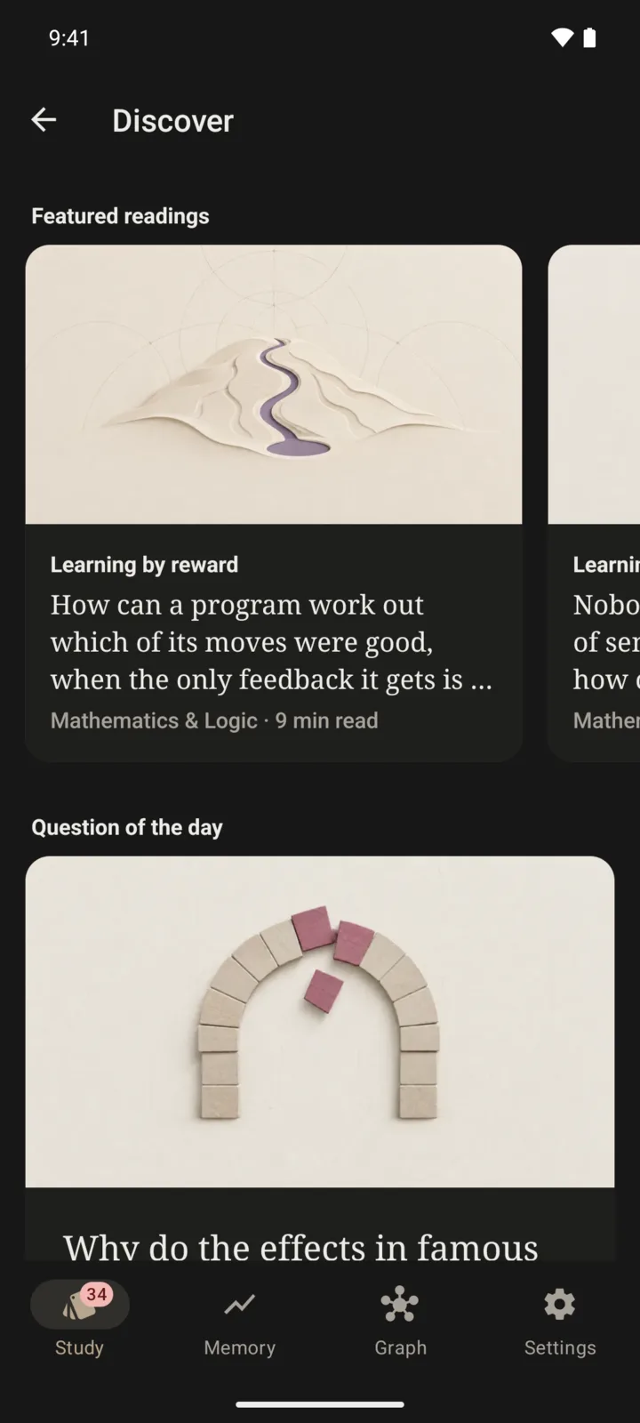 Discover in the EdenMind app: featured readings, each with its paper cover, subject and reading time, and a question of the day.
