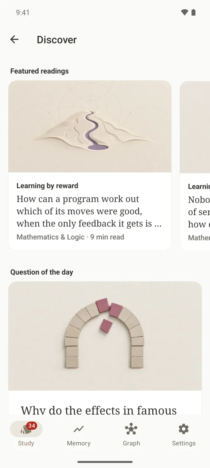 Discover in the EdenMind app: featured readings, each with its paper cover, subject and reading time, and a question of the day.