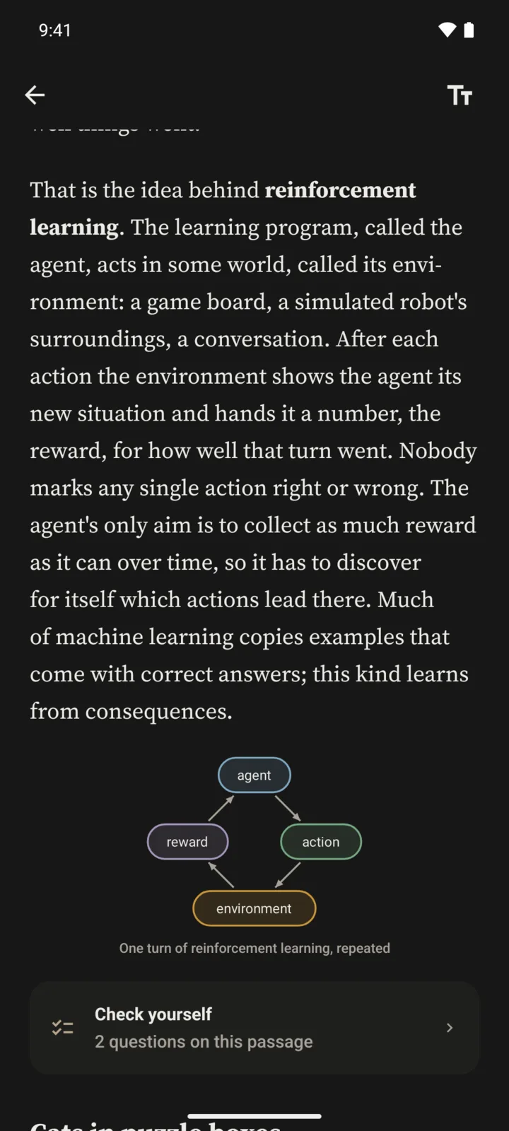 An article open in the app: a passage about reinforcement learning, a small diagram of its loop, and under it an offer to check yourself on two questions.