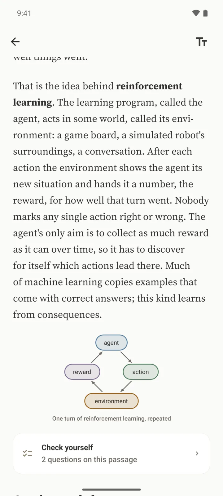 An article open in the app: a passage about reinforcement learning, a small diagram of its loop, and under it an offer to check yourself on two questions.
