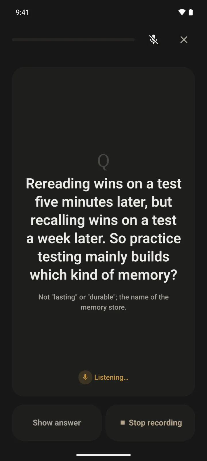 A review in the app: a question fills the screen, and under it the app shows that it is listening for the answer.