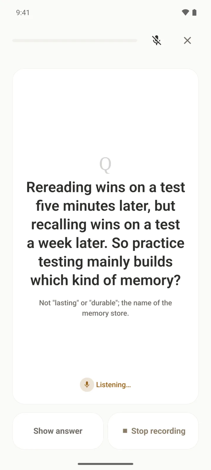 A review in the app: a question fills the screen, and under it the app shows that it is listening for the answer.